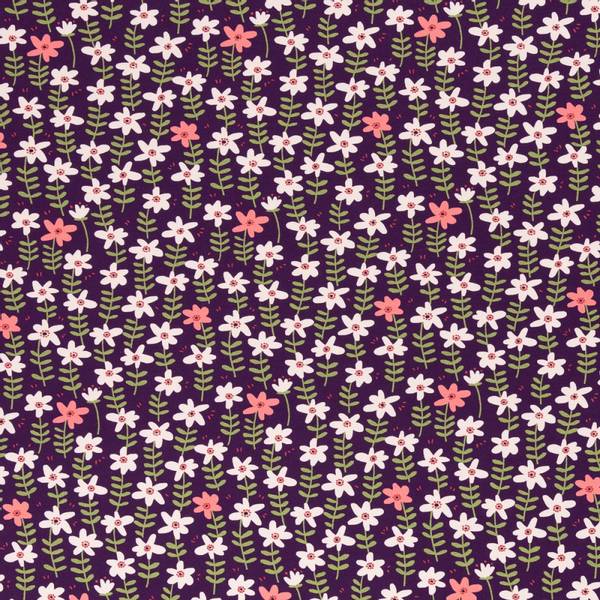 Bilde av Bomullsjersey - 4 cm hvit/rosa blomster på mørklilla