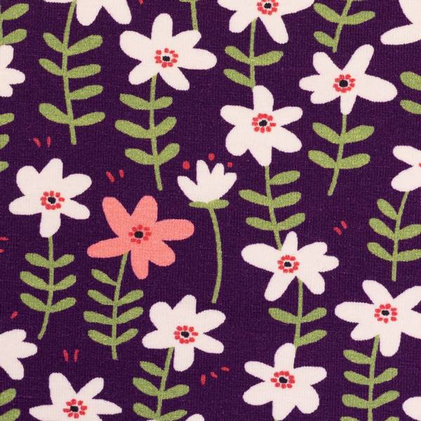 Bilde av Bomullsjersey - 4 cm hvit/rosa blomster på mørklilla