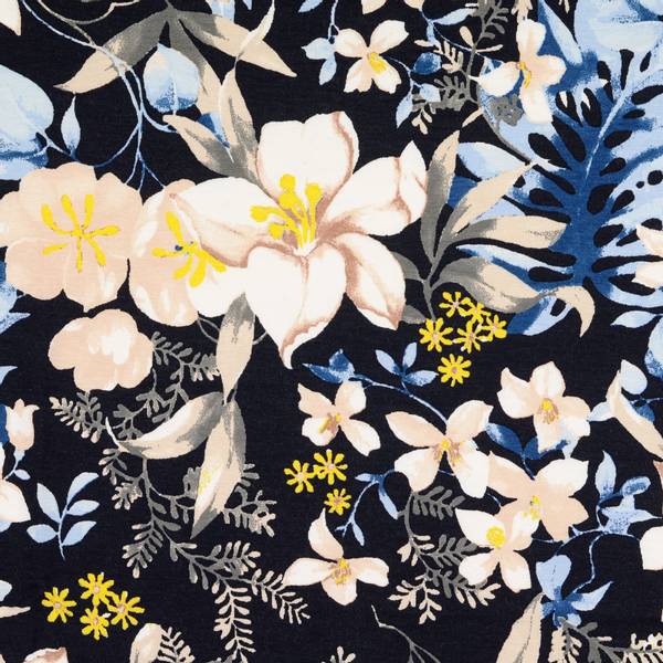 Bilde av Viskosejersey - store blomster & blader på sort