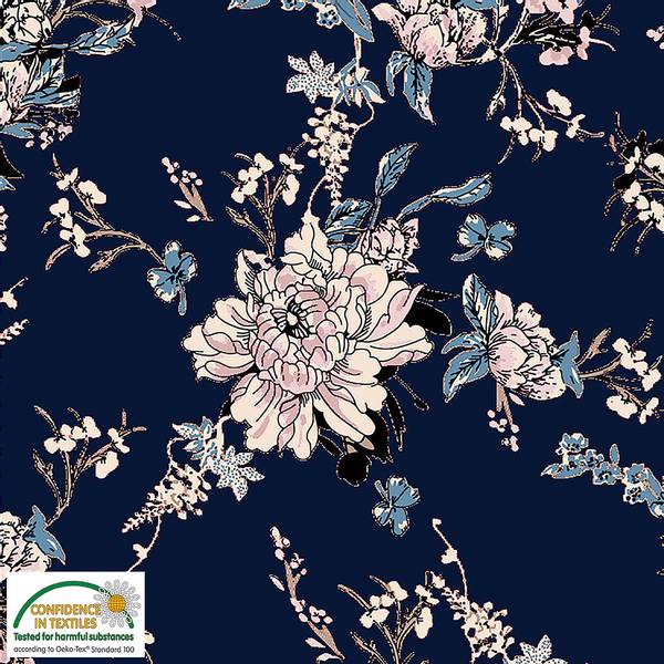 Bilde av Avalana bomullsjersey - 3-9 cm rosa blomster på marine
