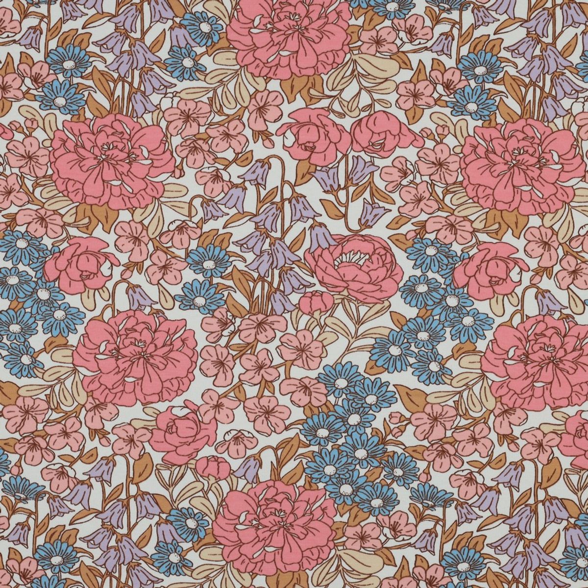 Bomullsjersey - retroblomster, lys rød/blå/lilla