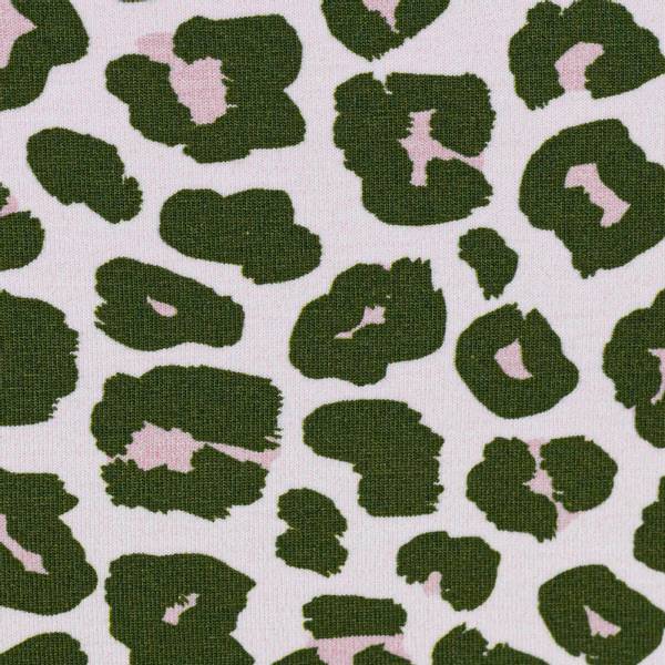 Bilde av Bomullsjersey - 2 cm leopard flekker, mørk khaki på lysrosa