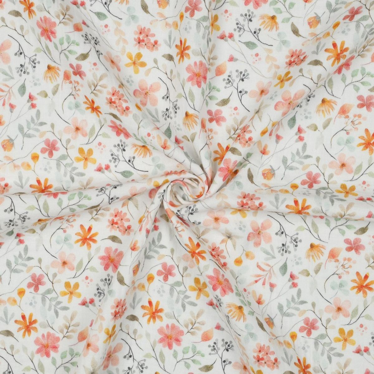 Musselin - oransje blomster på hvit