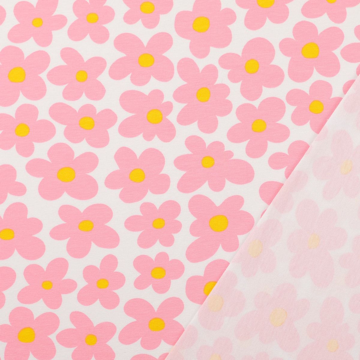 Bomullsjersey - retroblomster, rosa