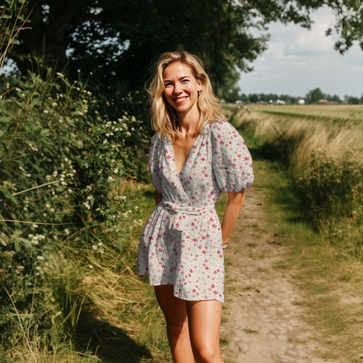 Musselin - rosa blomster på hvit