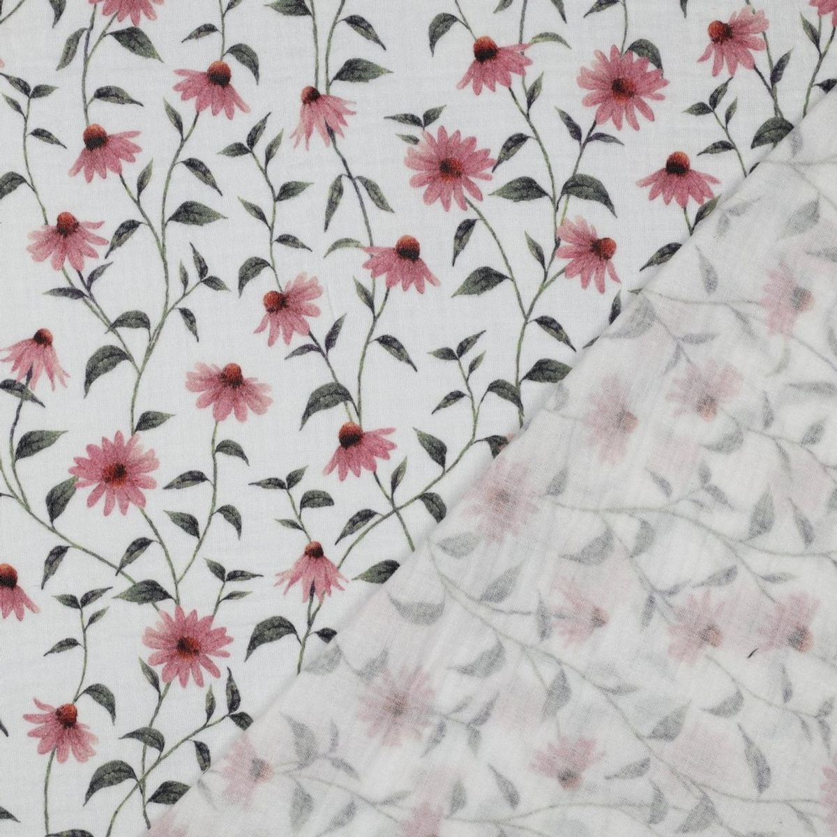 Musselin - rosa margeritter med grå stilk (GOTS)