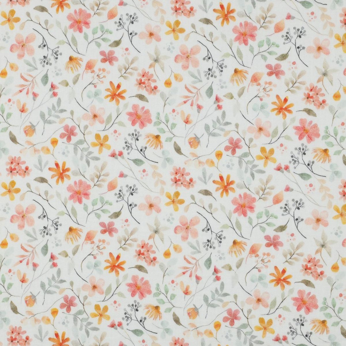 Musselin - oransje blomster på hvit