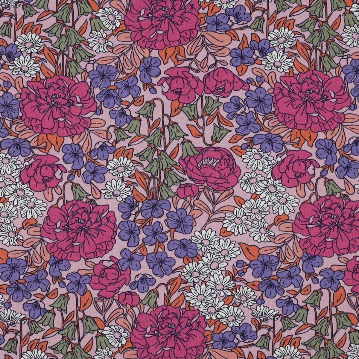 Bomullsjersey - retroblomster, sterk rosa/ lilla/hvit