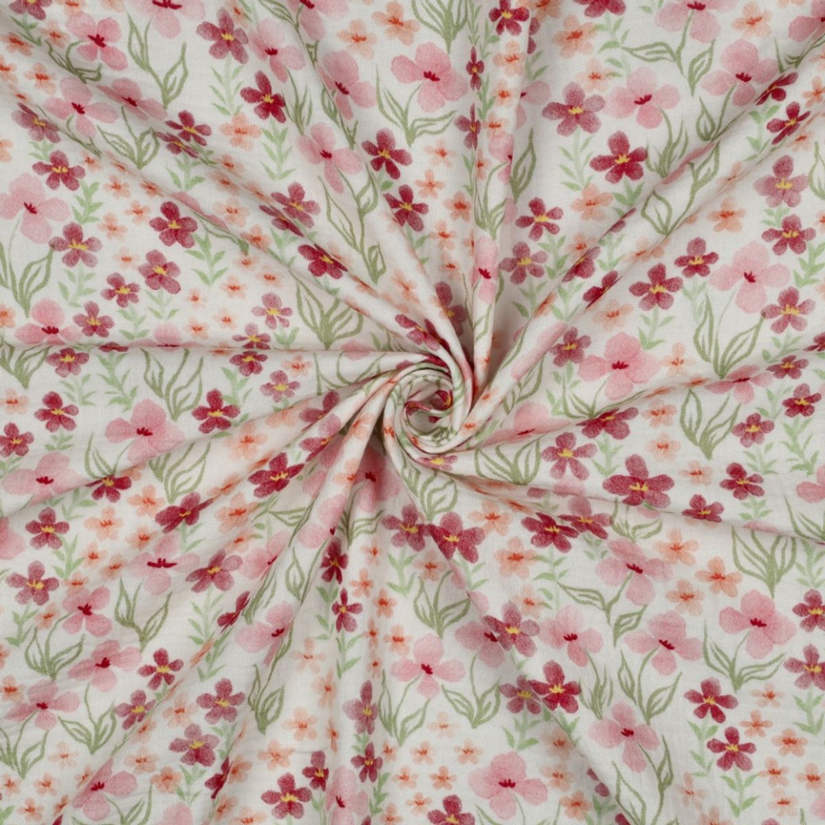 Musselin - rosa blomster på hvit